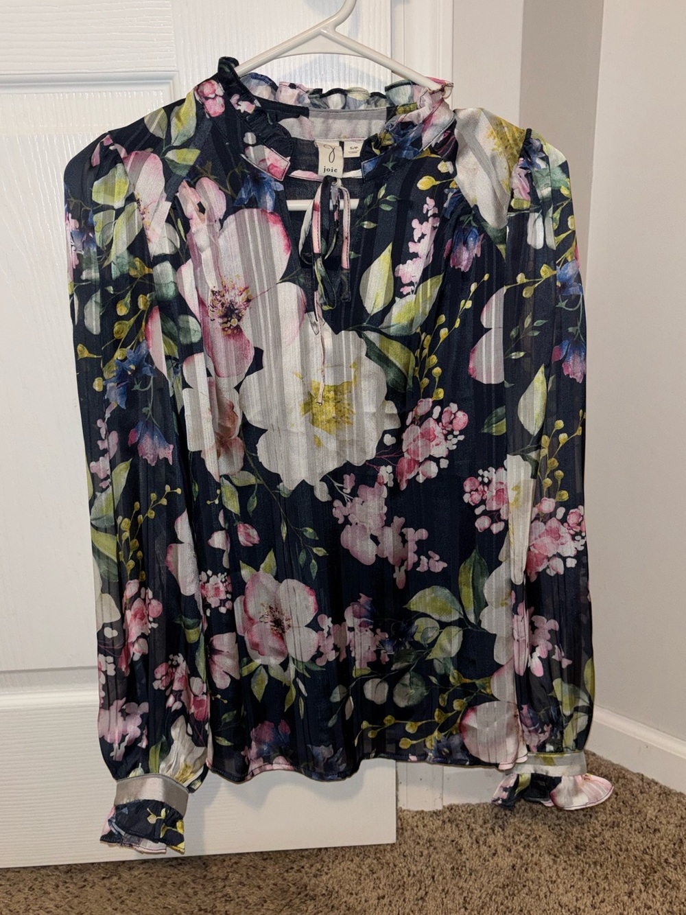 Joie Navy Floral Pleated Ruffled Neck Blouse